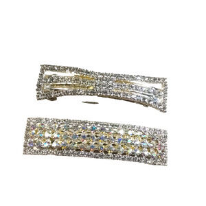 Rhinestone Hair Barrette Tension Clips Silver Gold Tone Lot Of 2 Classic Design
